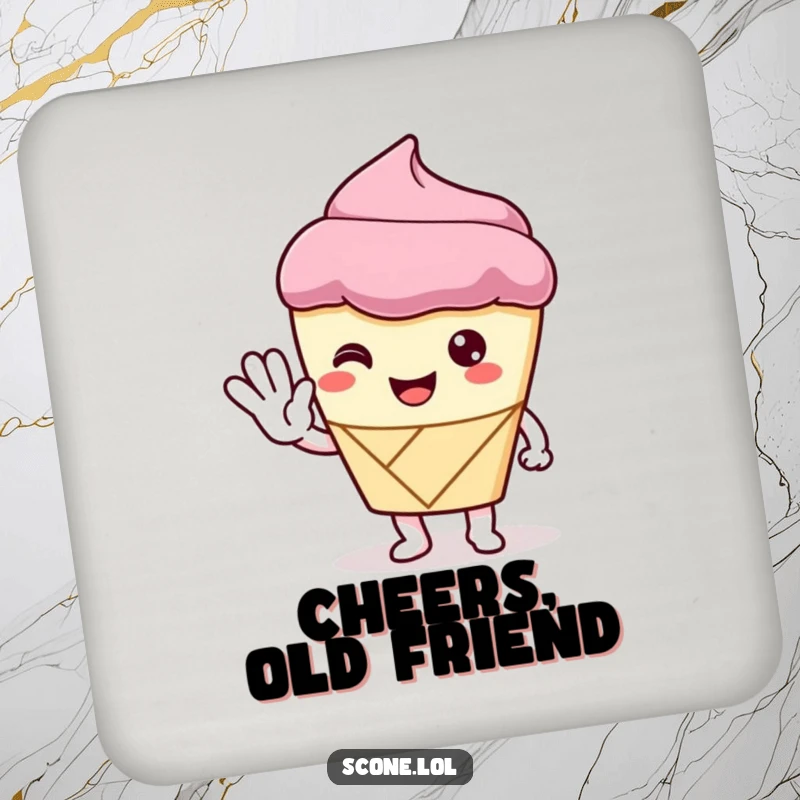 Funny Drink Coaster showcasing a scone character offering a polite wave, adding a friendly and sweet touch to any table setting.