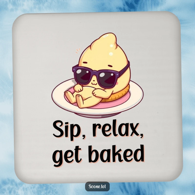 Funny scone character lounging on a plate with tiny sunglasses, a humorous drink coaster for stylish surface protection and baked good cheer.