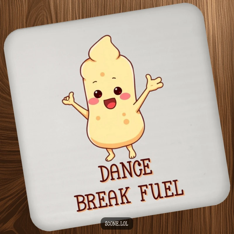 Funny drink coaster showcasing a scone character doing a silly dance, adding humor to any beverage service.