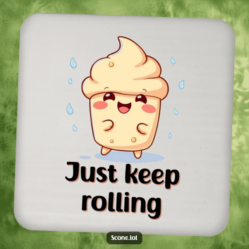 Funny scone character drink coaster, with a wide, amused grin, playfully dodging raindrops, adding humor to beverage service.