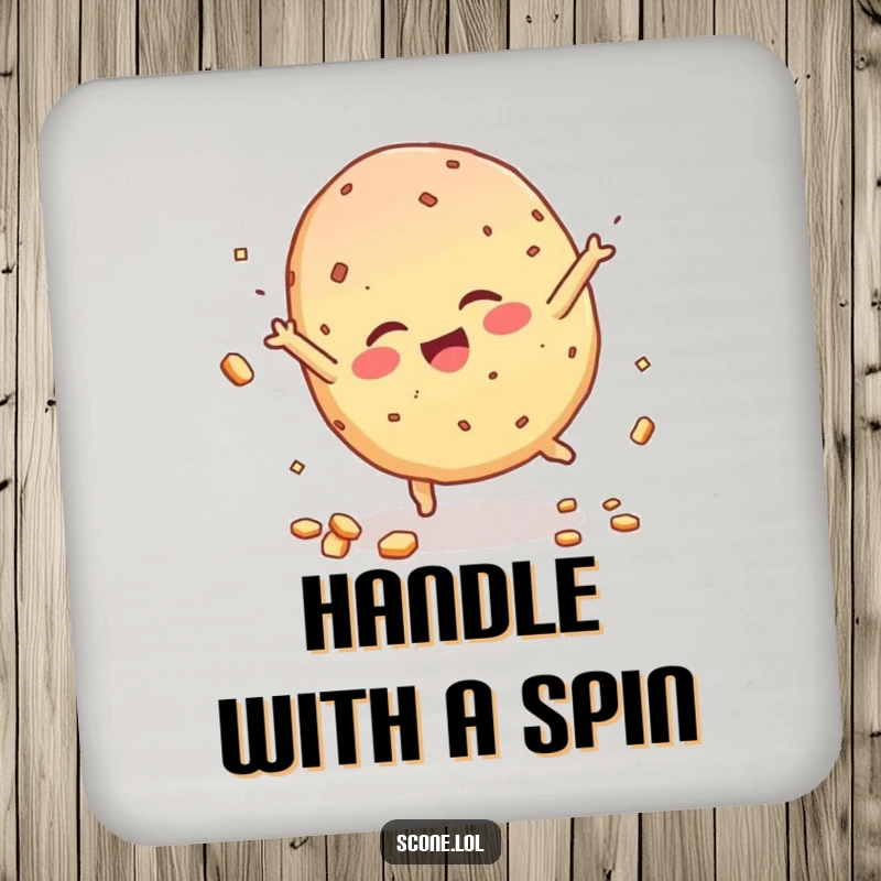 Funny Scone Character Drink Coaster, giggling during a cartwheel, crumbs scattering, a fun and practical accessory.