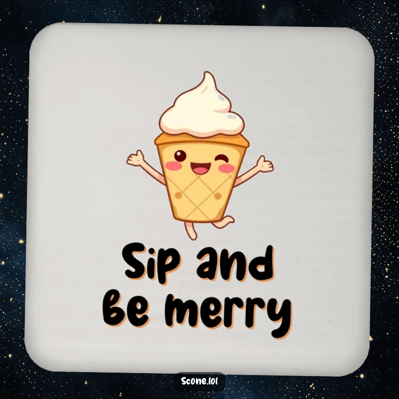 Funny Scone Character Drink Coaster, wearing a cream hat, jumping with glee, a delightful table accessory.