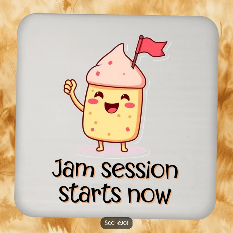 Funny Scone Character Drink Coaster, waving a jam jar flag with enthusiasm, a cheerful and practical accessory.