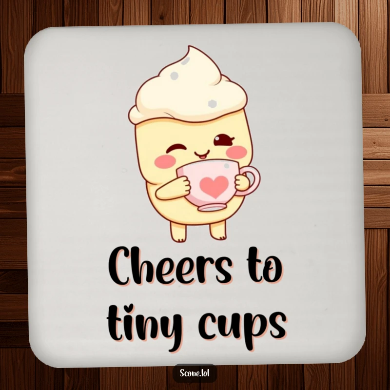 Funny Scone Character Drink Coaster, winking with a tiny teacup, a stylish and humorous addition to any table.