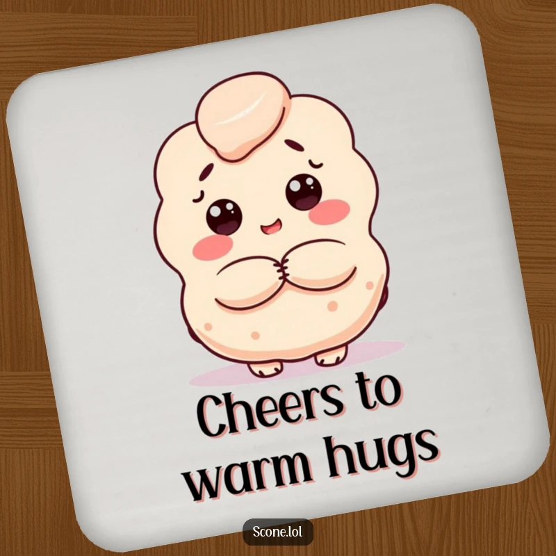 Funny scone coaster, a baked good character offering a warm hug, protecting surfaces with comfort and humor.