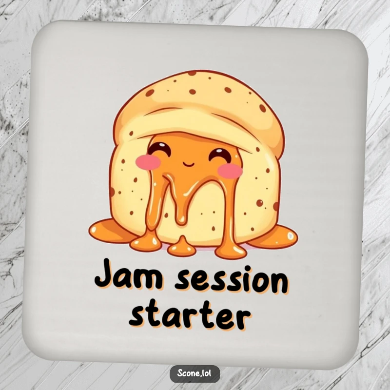 Funny scone with jam dripping, looking delighted with itself on a protective drink coaster.