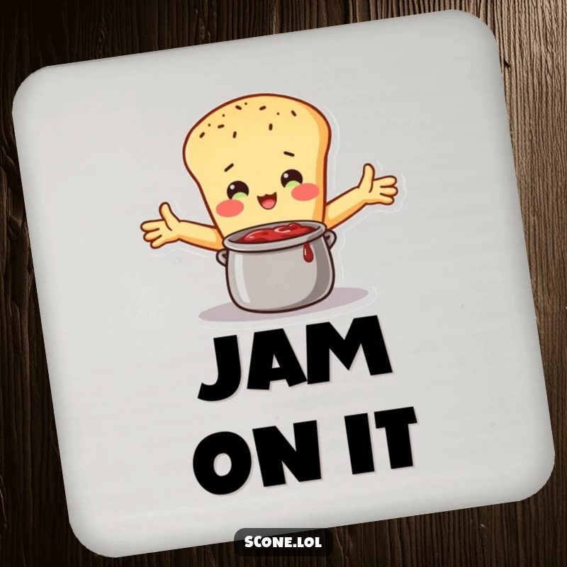 Funny Drink Coaster featuring a scone character embracing a pot of jam with open arms, adding a humorous and sweet element.