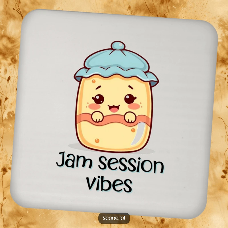 Funny scone character peeking from a jam jar, making a funny face, featured on drink coasters.