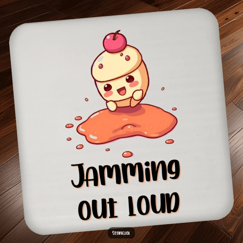Funny drink coaster showing a scone character dramatically sliding across a jam puddle, adding humorous action to any surface.