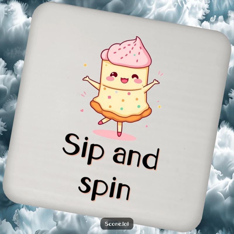 Funny drink coaster featuring a scone doing a whimsical pirouette with swirling jam, adding playful baking humor.