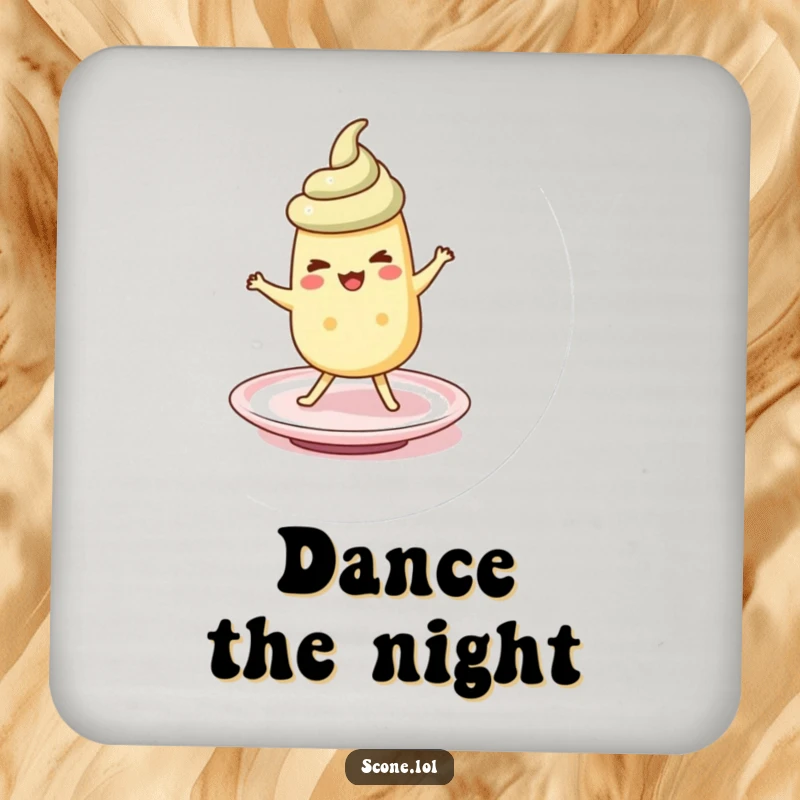 Funny scone character doing a silly jig on a saucer, featured on a protective and humorous drink coaster.