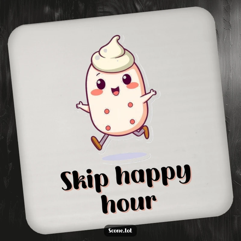 Funny scone character drink coaster with a scone performing a jaunty skip, adding humor to beverage service.