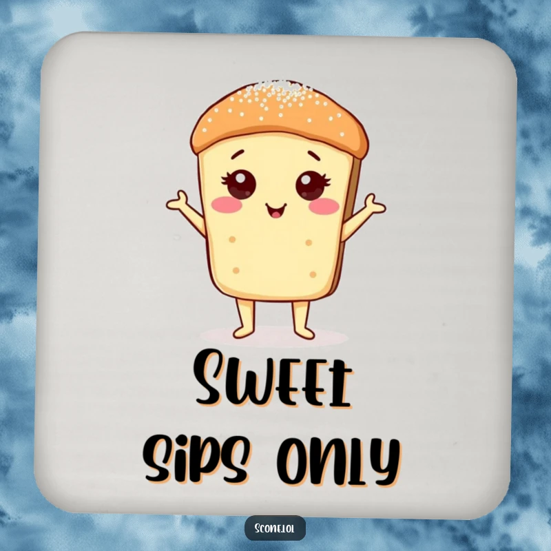 Funny Scone Sugar Dust Pose Drink Coaster: A coaster with a proud, sugar-dusted scone, protecting surfaces with posh humor.