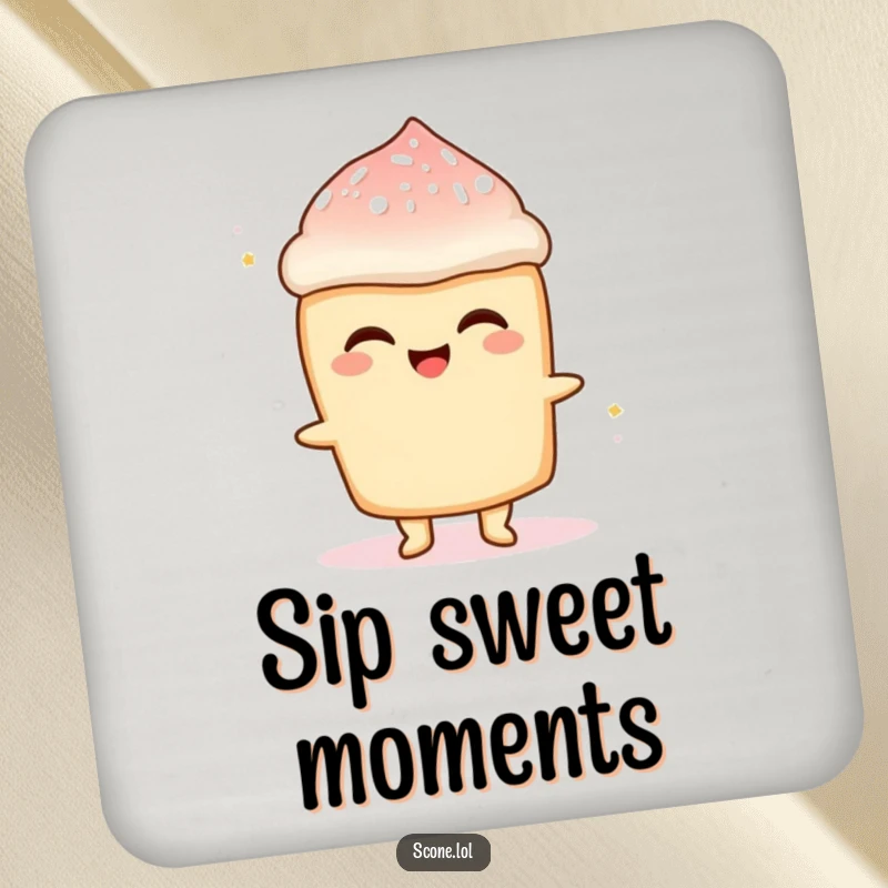 Funny Scone Sugar Rush Drink Coaster: A small coaster showcasing a scone character beaming with delight, with sugar dusting.