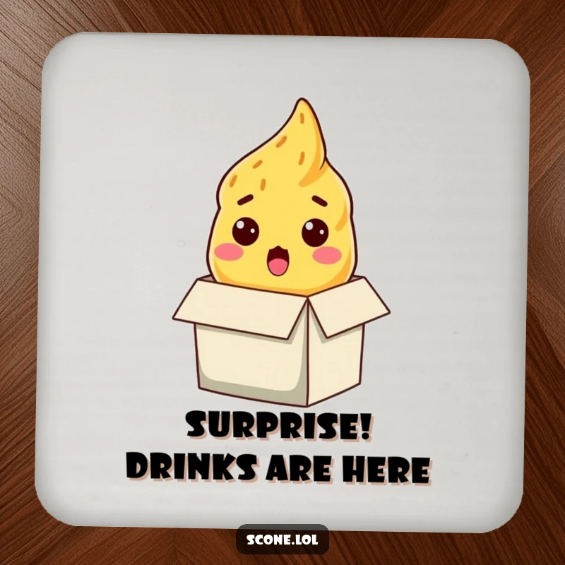 Funny scone coaster, a baked good with a comically surprised expression emerging from a box, protecting surfaces.