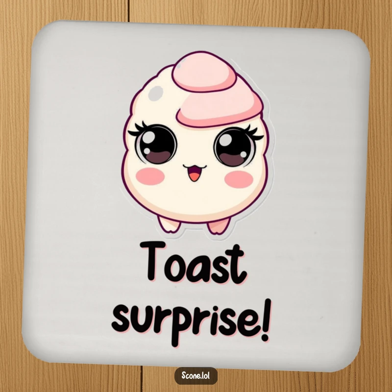 Funny drink coaster featuring a scone character with wide, circular eyes in a state of hilarious surprise.