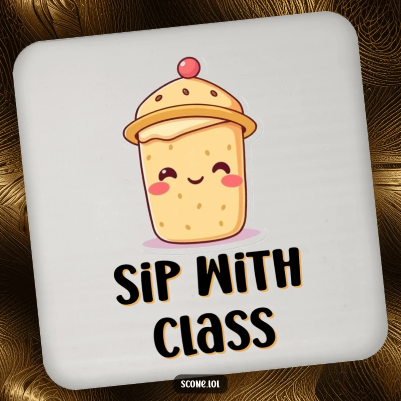 Smiling scone character wearing a tea hat, featured on a protective and humorous drink coaster.