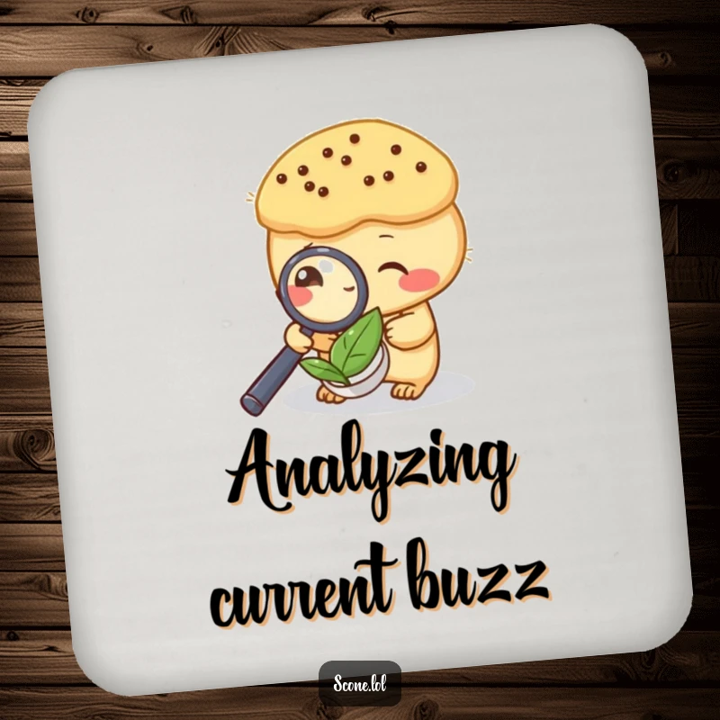 Funny drink coaster featuring a scone examining a tea leaf with a magnifying glass, adding detective humor to surfaces.