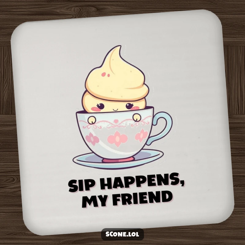 Funny coaster featuring a cute scone character peeking from behind a teacup graphic, adding sweet charm to your table.