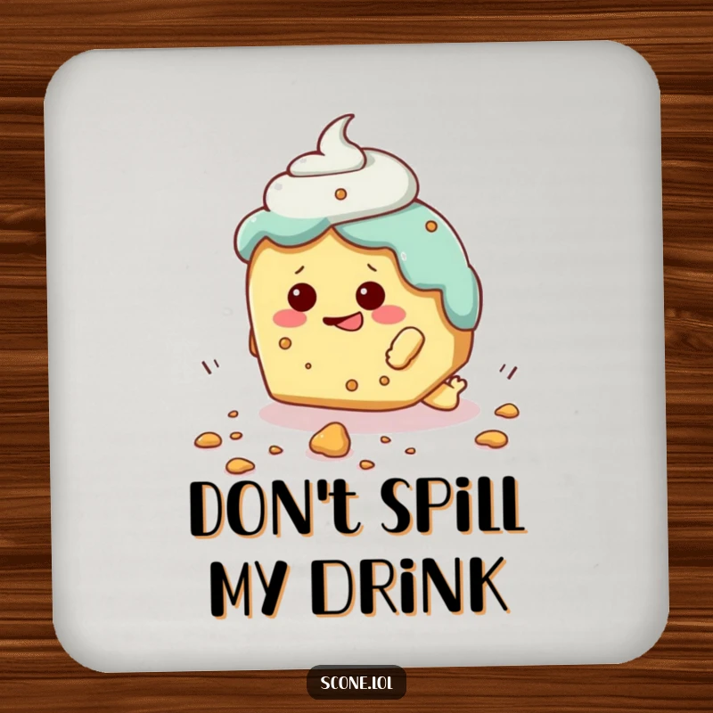 Funny coaster featuring a scone character comically tripping over a crumb, adding a touch of relatable humor to your table.