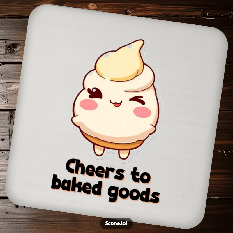 Funny coaster featuring a charming scone character giving a friendly wink, adding playful personality to your table setting.