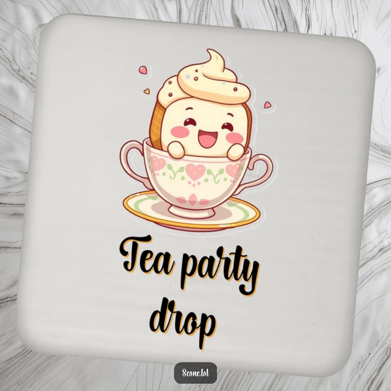 Funny smiling scone character hilariously falling off a teacup on a protective drink coaster.