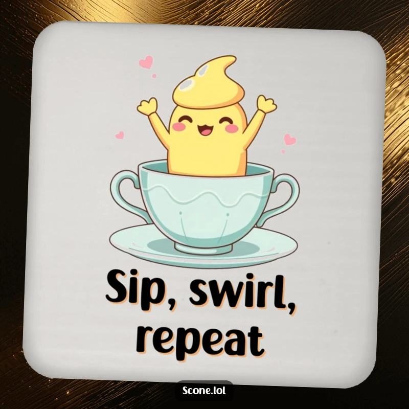 Funny Teacup Dance Scone Drink Coaster: A small coaster showcasing a scone character doing a clumsy, fun dance inside a teacup.