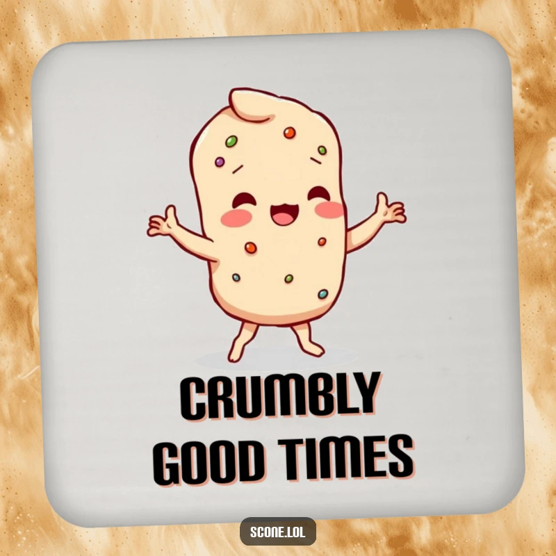 Funny scone character doing a humorous wobbly dance with crumbly limbs, featured on drink coasters.