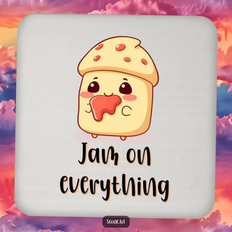 Funny drink coasters featuring a scone character with jam splattered on its face, looking pleased and adding sweet humor.