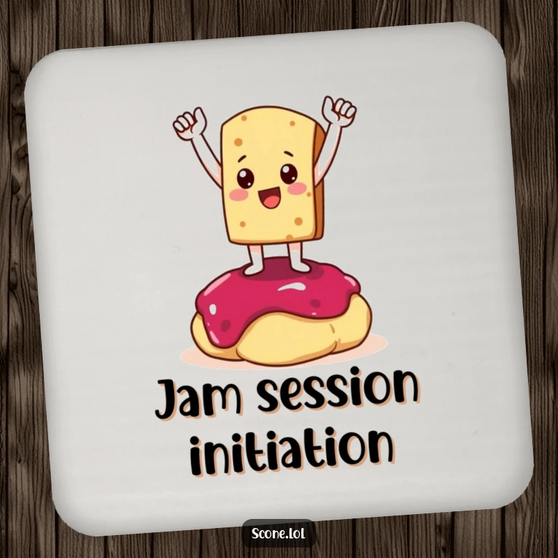 Funny Drink Coaster featuring a scone character in a triumphant pose atop a dollop of jam, adding a humorous and victorious element.