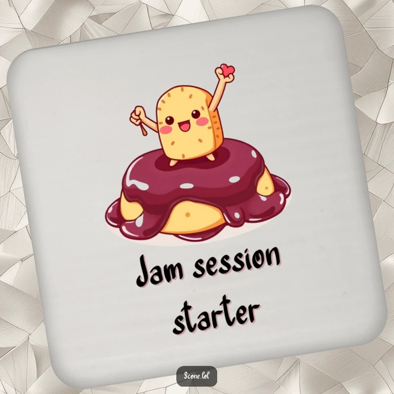 Funny Scone Coasters: Humorous coasters featuring a triumphant scone character posed on jam, protecting surfaces with style.