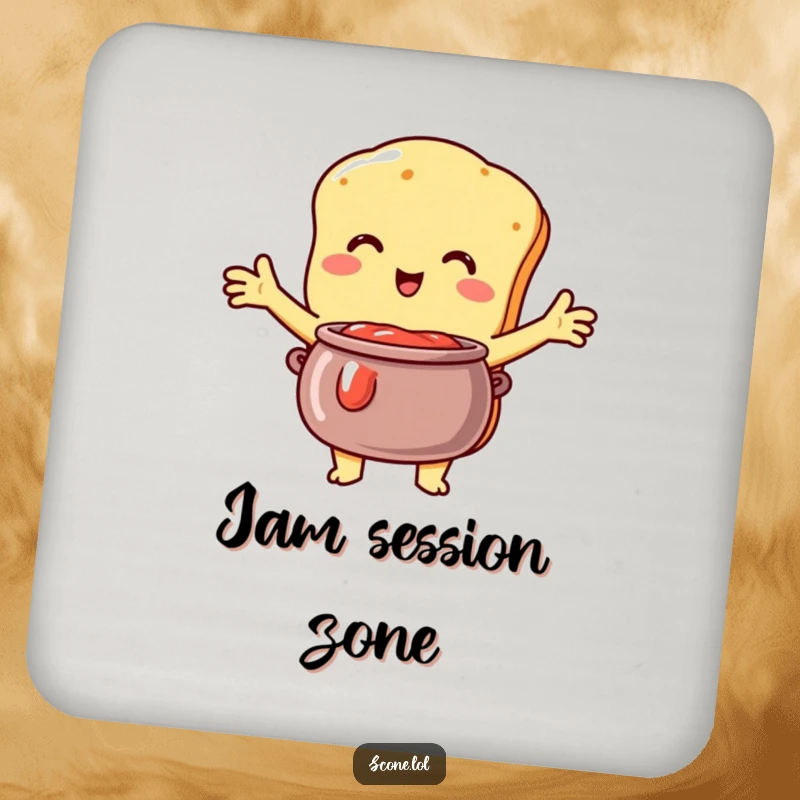 Funny Scone Coasters: Humorous coasters featuring a scone character embracing a jam pot, protecting surfaces with sweet style.