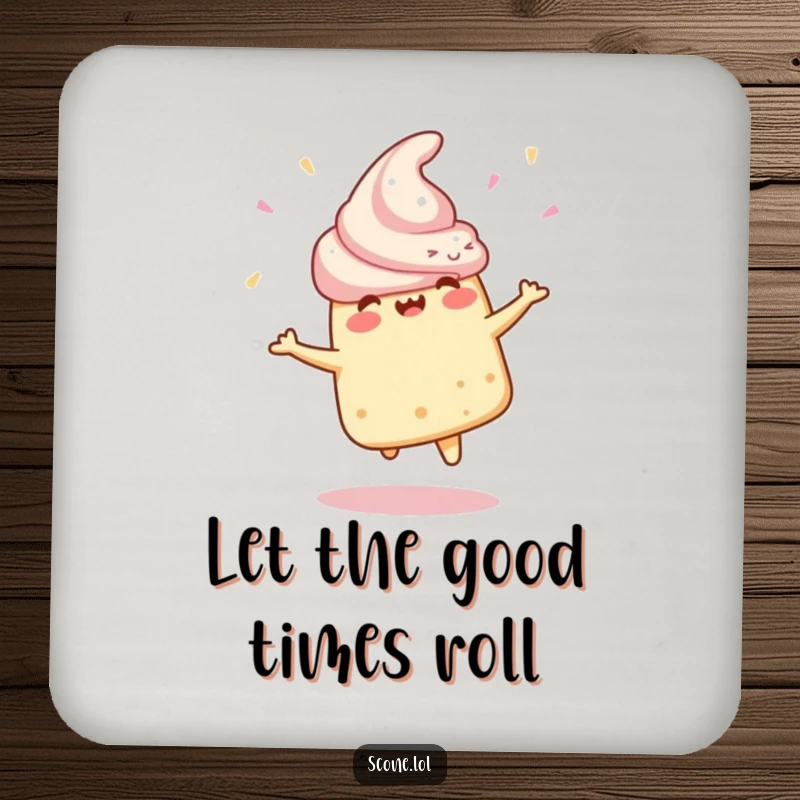 Funny Drink Coaster with a scone character mid-spin, adding a festive and humorous touch to any table setting.