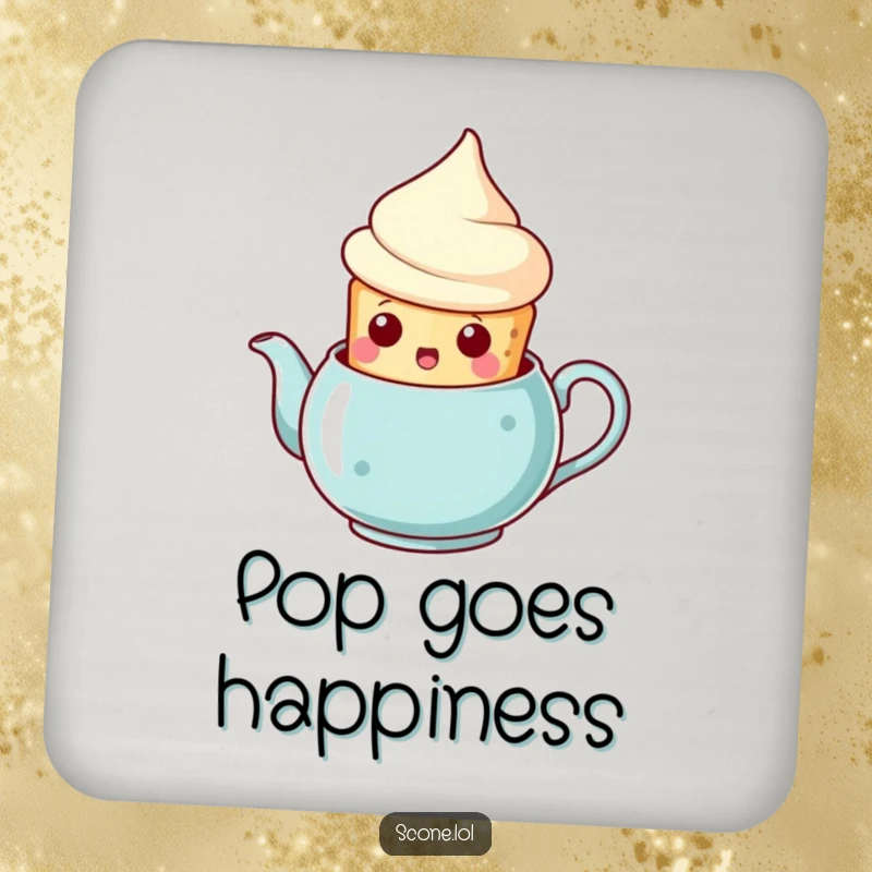 Funny scone teapot surprise coaster, a scone popping out of a teapot with a surprised face, a humorous and protective surface art.