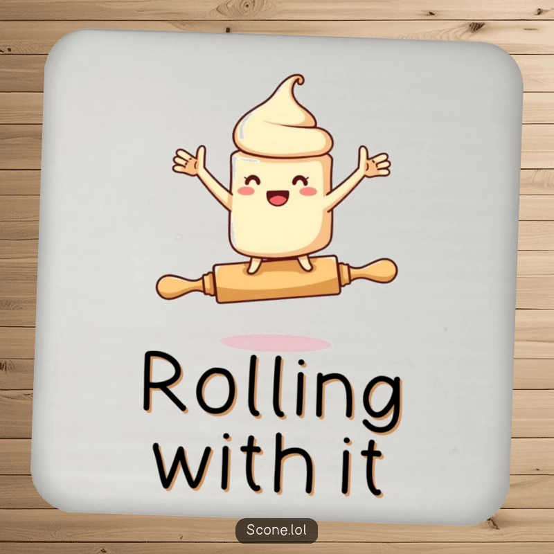 Funny drink coaster depicting a scone character precariously balanced on a rolling pin, arms flailing, protecting surfaces with humor.