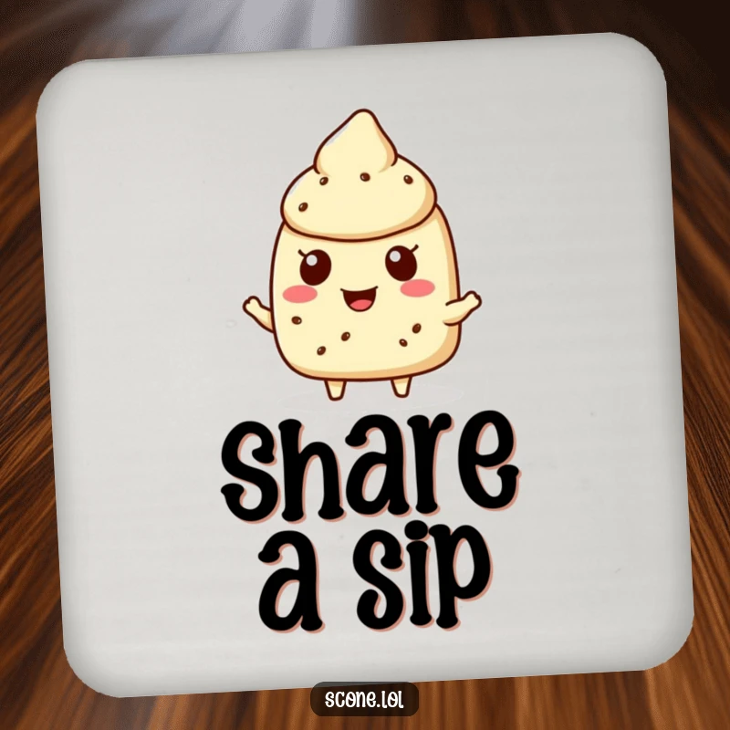 Funny scone character drink coaster with a scone cheerfully offering a crumb, adding a touch of kindness to beverage service.