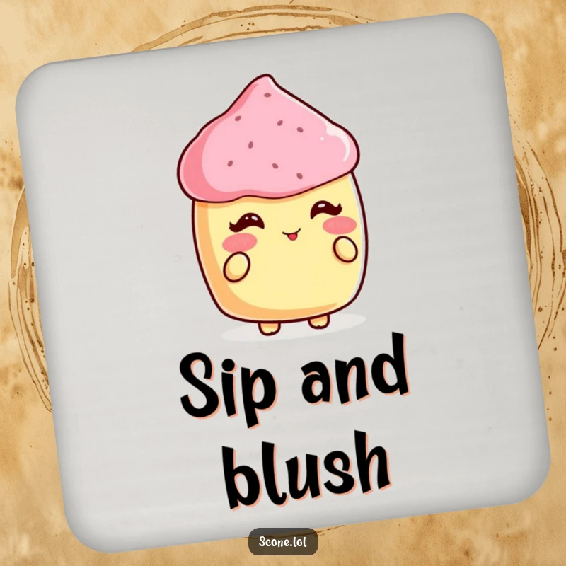 Funny coasters showing a scone blushing sweetly while accepting a compliment, protecting surfaces with charm.