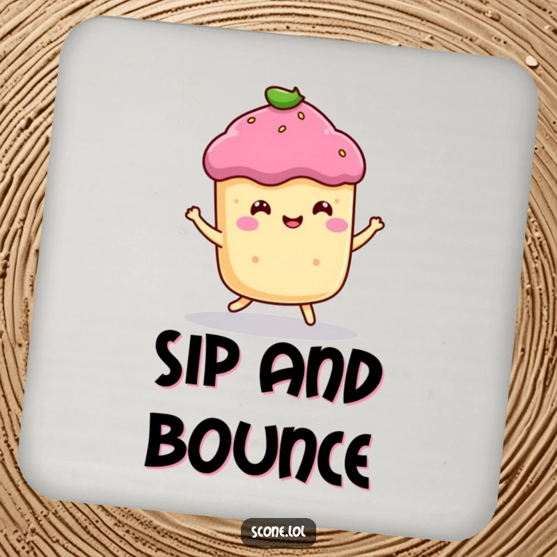Funny drink coasters featuring a smiling scone character doing a happy little bounce, adding cheer to tabletops.