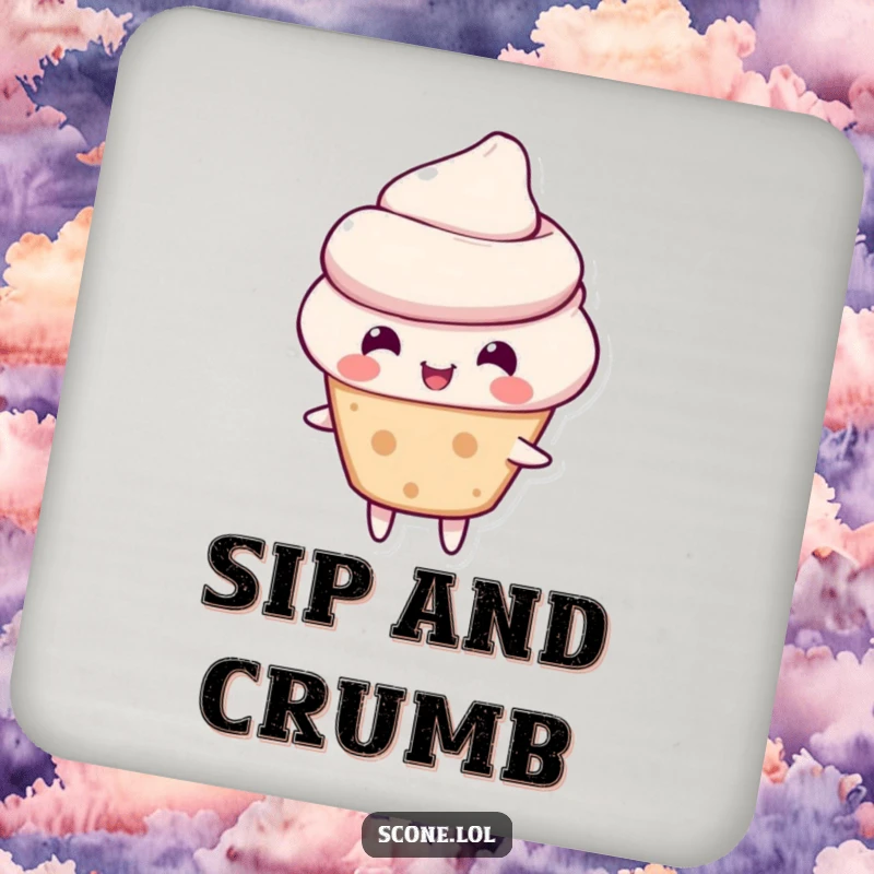 Funny scone coaster featuring a scone character in a cheerful bounce, adding a playful splash to any surface.