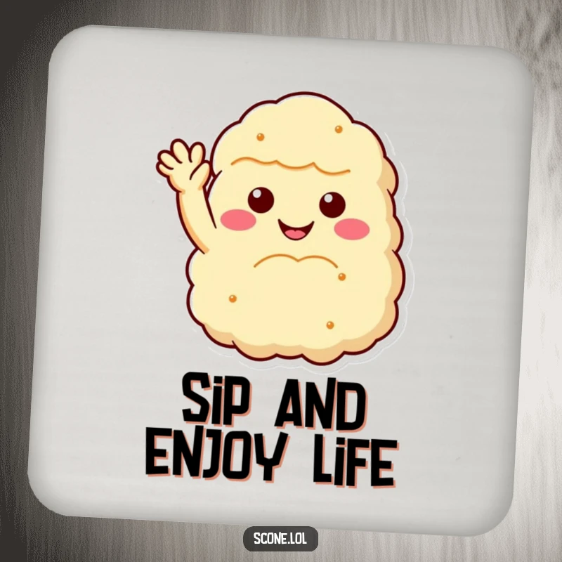 Funny scone drink coaster featuring a fluffy scone with a happy smile and wave, protecting furniture with baked good humor as a funny gift.