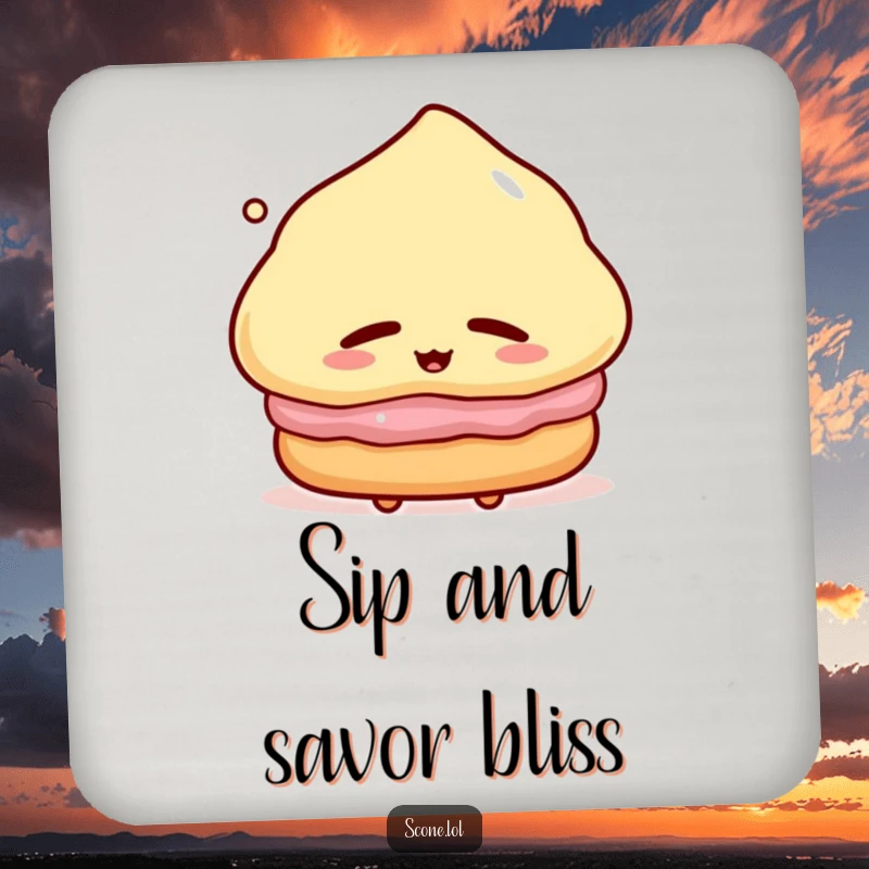 Funny Drink Coaster showcasing a scone character sighing happily, protecting surfaces with a splash of baked charm.