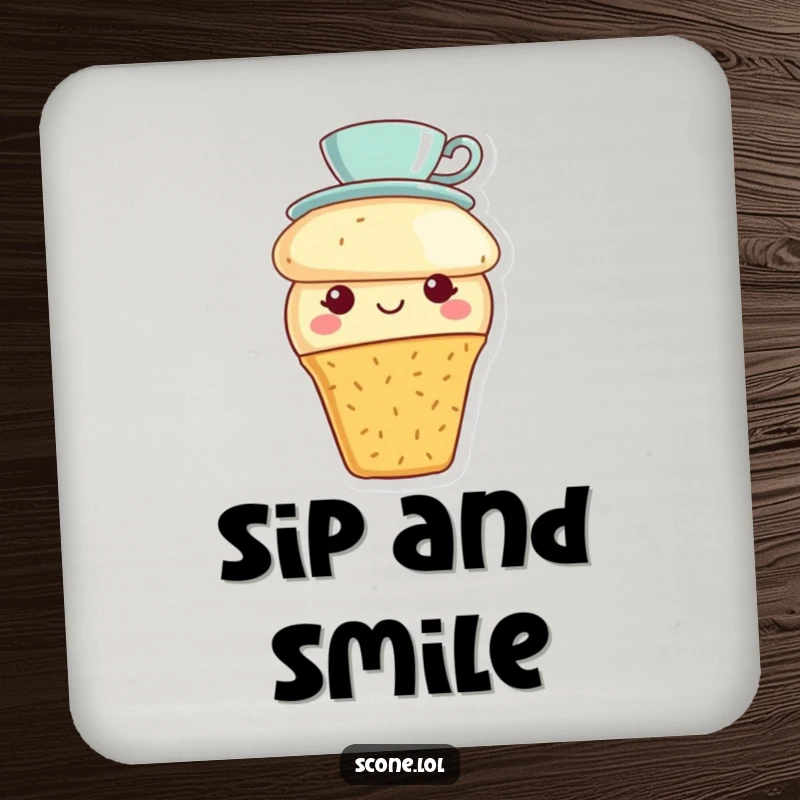 Funny scone character wearing a tiny teacup hat and smiling on durable drink coasters, bringing charming delight to any surface.