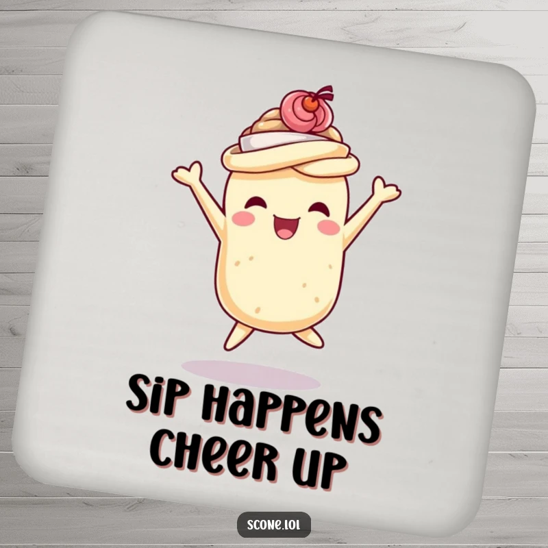 Funny scone drink coaster with a scone wearing a teacup hat, jumping with delight, adding whimsical charm and humor as a funny gift.