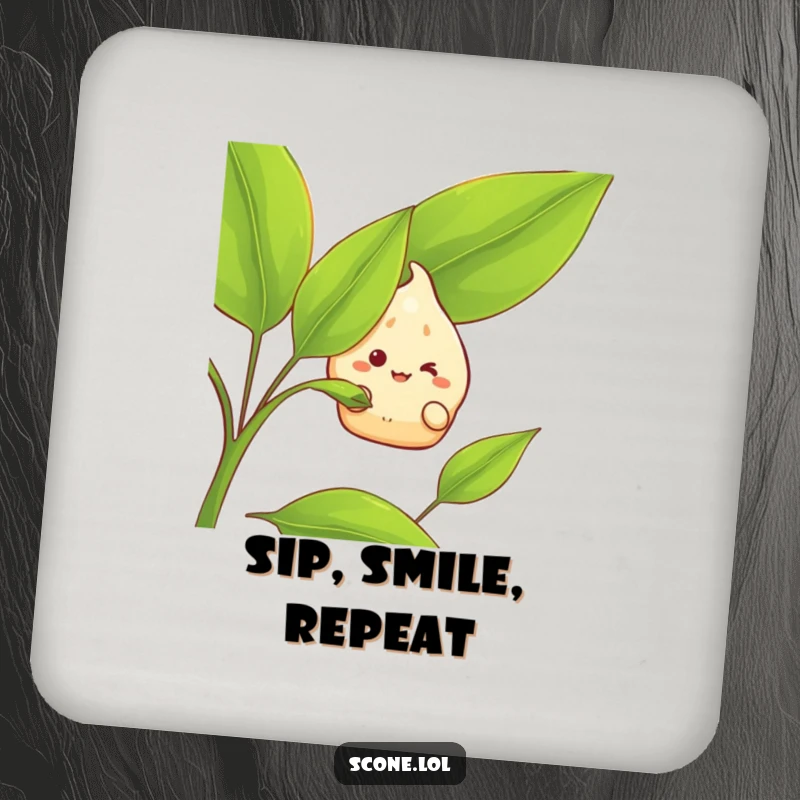 Funny Drink Coaster featuring a scone character with a grin peeking out from behind a tea leaf, adding a humorous tea-time element.