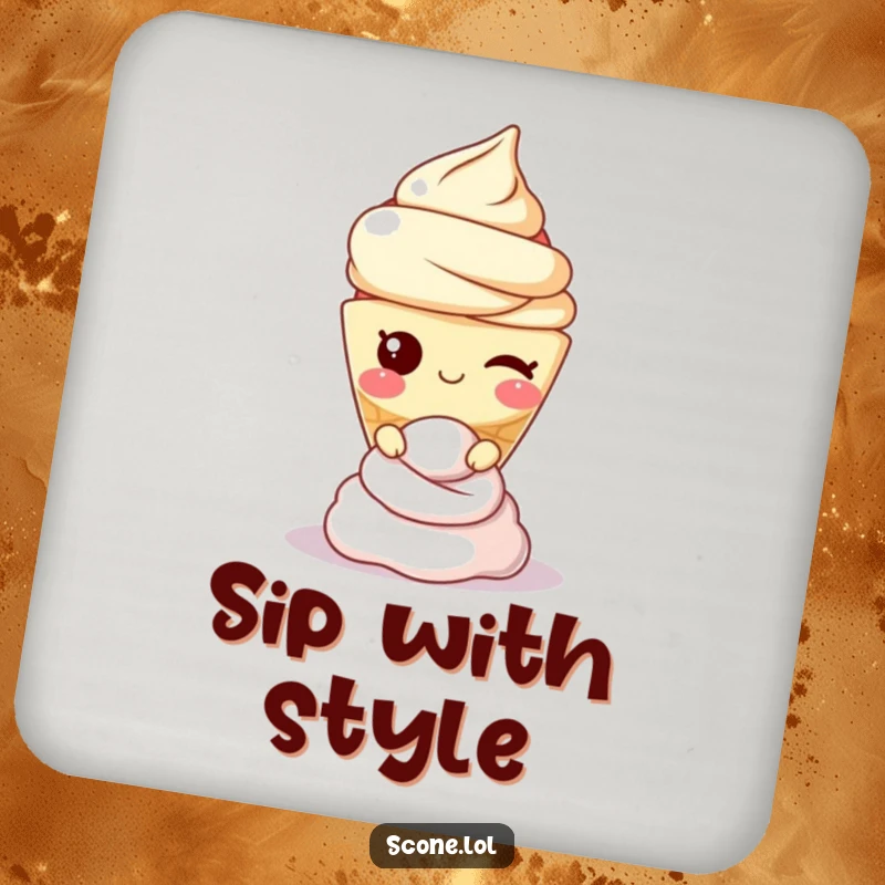 Funny scone character winking with cream balanced on its head, a humorous drink coaster.