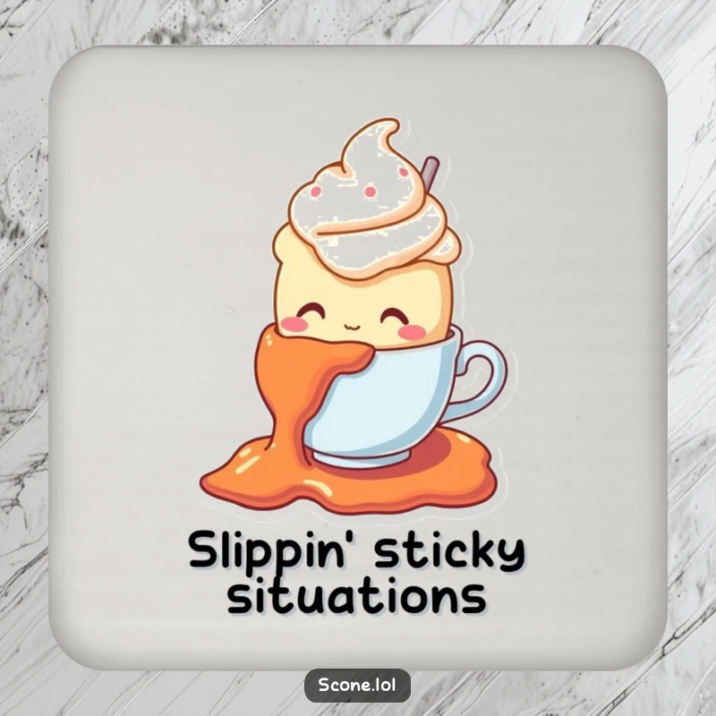 Funny drink coaster depicting a scone character in a teacup hat slipping on jam, protecting surfaces with humorous flair.