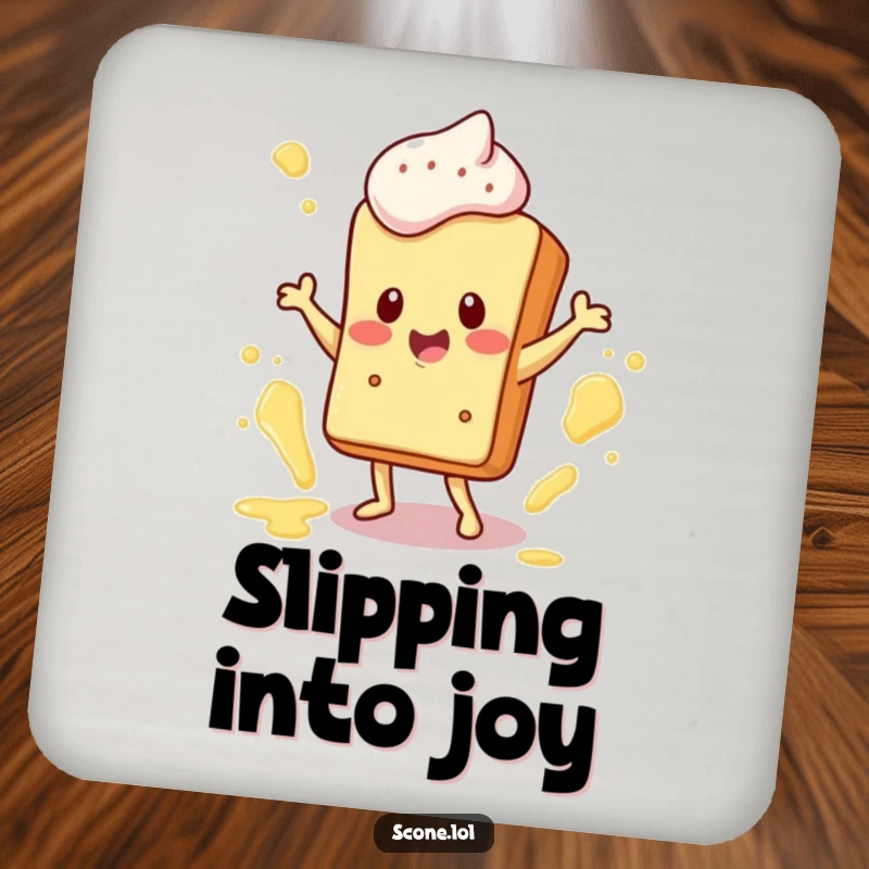 Funny Drink Coaster featuring a happy scone character dancing with butter splatters, adding a humorous and cheerful element.