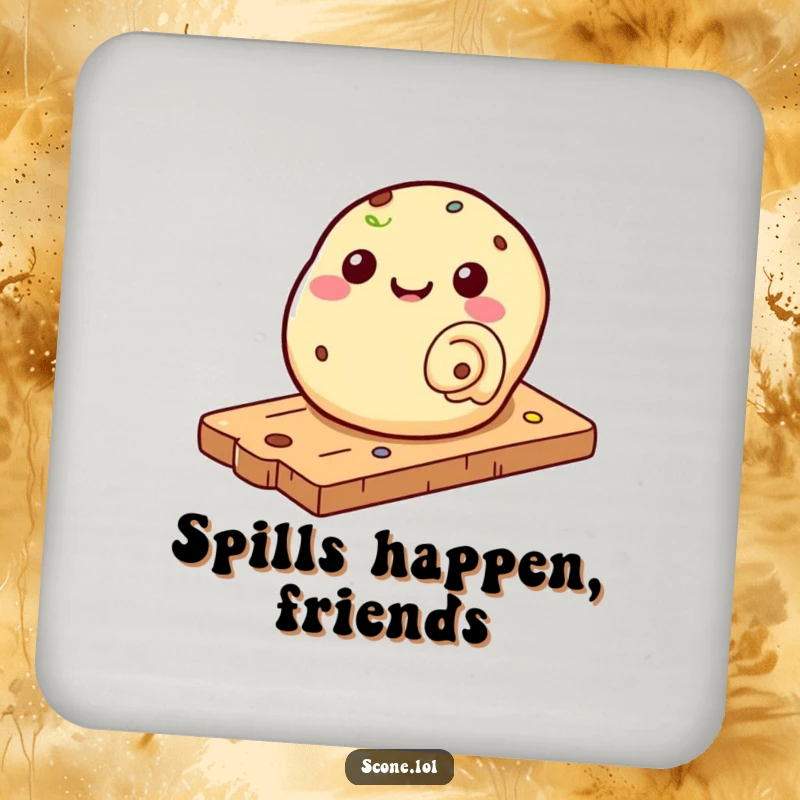 Funny drink coaster featuring a scone rolling down a pastry board, adding playful baking humor to protect surfaces.