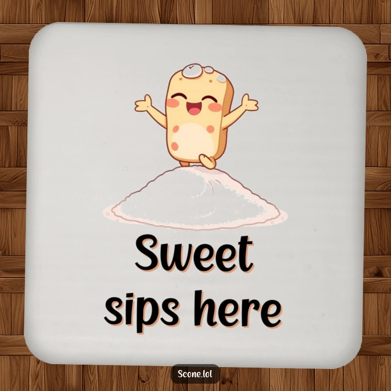Funny giggling scone coaster, depicting a scone hopping enthusiastically on sugar, perfect for protecting surfaces with sweetness.