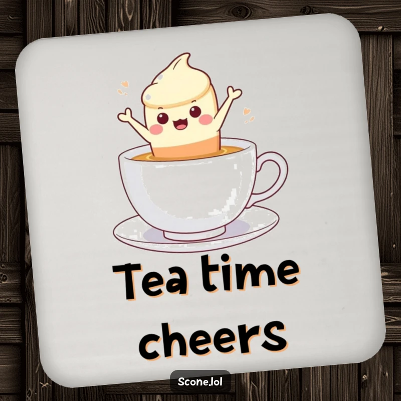 Funny scone character leaping into a steaming cup of tea, featured on drink coasters.